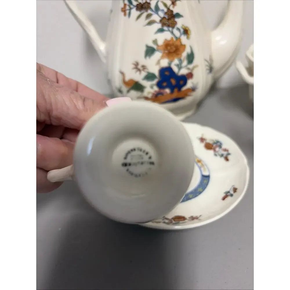 Wedgwood Chinese Teal 5 pc Tea Pot, Sugar, Creamer, Cup,Saucer England Barlast